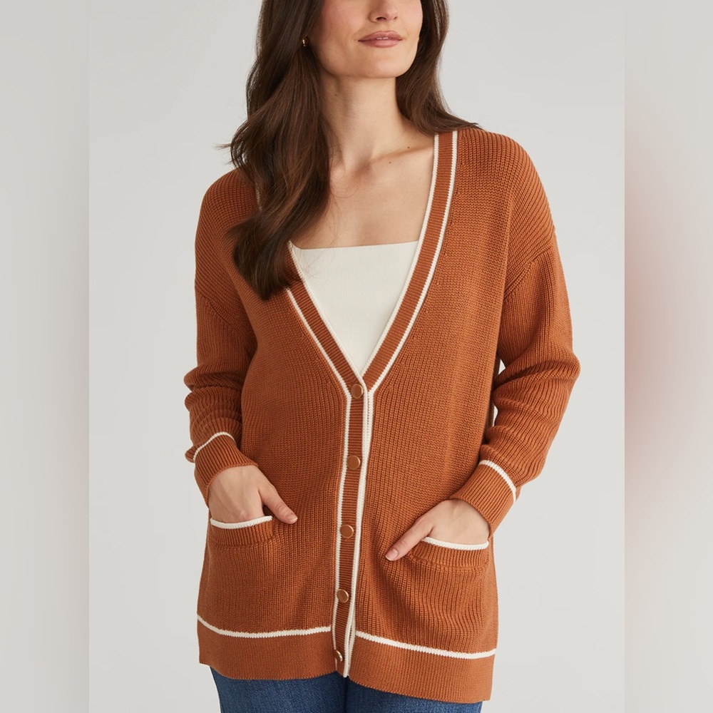 525 America Brown and Cream Cardigan Sweater V-Neck Knit